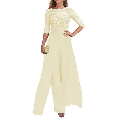 Mother of The Bride Pant Suits Wedding Jumpsuit Chiffon Lace Appliques Prom Ball Outfit