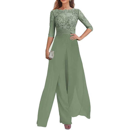 Mother of The Bride Pant Suits Wedding Jumpsuit Chiffon Lace Appliques Prom Ball Outfit