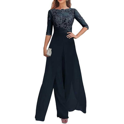 Mother of The Bride Pant Suits Wedding Jumpsuit Chiffon Lace Appliques Prom Ball Outfit