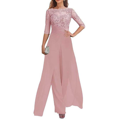 Mother of The Bride Pant Suits Wedding Jumpsuit Chiffon Lace Appliques Prom Ball Outfit