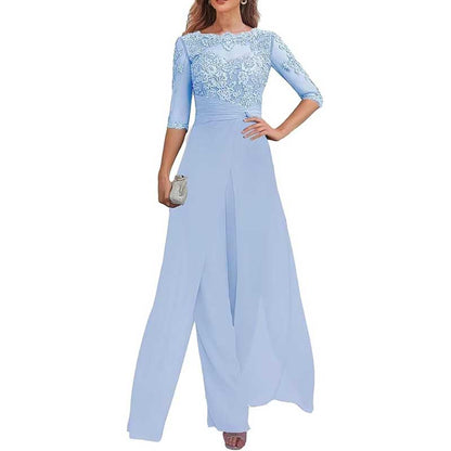 Mother of The Bride Pant Suits Wedding Jumpsuit Chiffon Lace Appliques Prom Ball Outfit