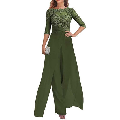 Mother of The Bride Pant Suits Wedding Jumpsuit Chiffon Lace Appliques Prom Ball Outfit