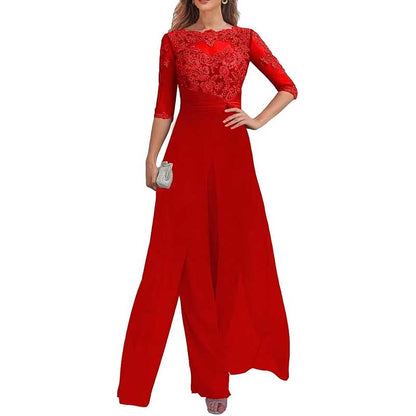 Mother of The Bride Pant Suits Wedding Jumpsuit Chiffon Lace Appliques Prom Ball Outfit