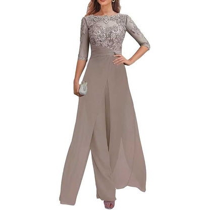 Mother of The Bride Pant Suits Wedding Jumpsuit Chiffon Lace Appliques Prom Ball Outfit