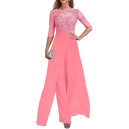 Mother of The Bride Pant Suits Wedding Jumpsuit Chiffon Lace Appliques Prom Ball Outfit