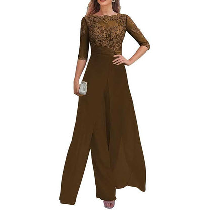 Mother of The Bride Pant Suits Wedding Jumpsuit Chiffon Lace Appliques Prom Ball Outfit