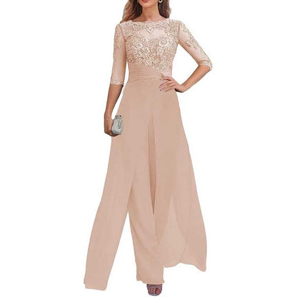 Mother of The Bride Pant Suits Wedding Jumpsuit Chiffon Lace Appliques Prom Ball Outfit