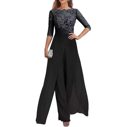 Mother of The Bride Pant Suits Wedding Jumpsuit Chiffon Lace Appliques Prom Ball Outfit