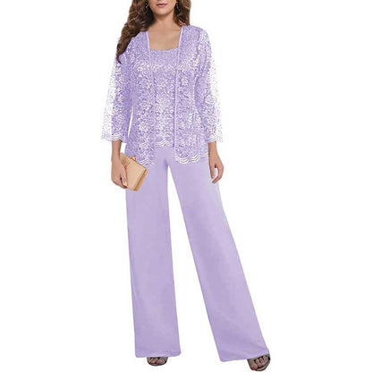 Mother of The Bride Pant Suits Square Neck lace Chiffon 3-Piece Wedding Guest Outfit