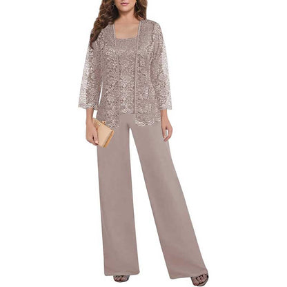 Mother of The Bride Pant Suits Square Neck lace Chiffon 3-Piece Wedding Guest Outfit