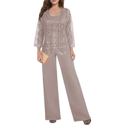 Mother of The Bride Pant Suits Square Neck lace Chiffon 3-Piece Wedding Guest Outfit