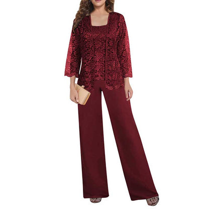 Mother of The Bride Pant Suits Square Neck lace Chiffon 3-Piece Wedding Guest Outfit