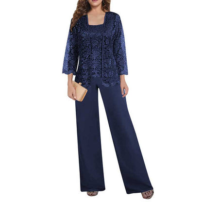 Mother of The Bride Pant Suits Square Neck lace Chiffon 3-Piece Wedding Guest Outfit