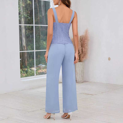 Mother of The Bride Pant Suits Square Neck lace Chiffon 3-Piece Wedding Guest Outfit