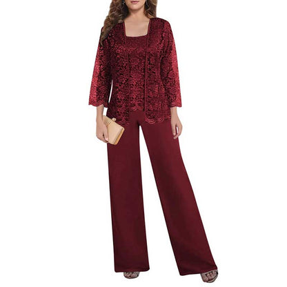 Mother of The Bride Pant Suits Square Neck lace Chiffon 3-Piece Wedding Guest Outfit