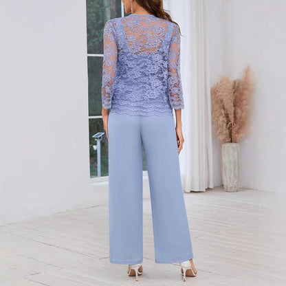 Mother of The Bride Pant Suits Square Neck lace Chiffon 3-Piece Wedding Guest Outfit