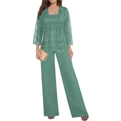 Mother of The Bride Pant Suits Square Neck lace Chiffon 3-Piece Wedding Guest Outfit