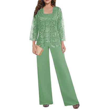 Mother of The Bride Pant Suits Square Neck lace Chiffon 3-Piece Wedding Guest Outfit