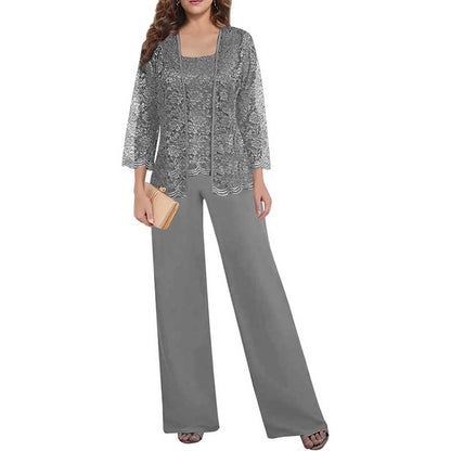 Mother of The Bride Pant Suits Square Neck lace Chiffon 3-Piece Wedding Guest Outfit