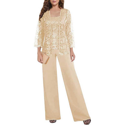Mother of The Bride Pant Suits Square Neck lace Chiffon 3-Piece Wedding Guest Outfit