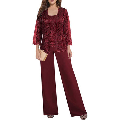 Mother of The Bride Pant Suits Square Neck lace Chiffon 3-Piece Wedding Guest Outfit