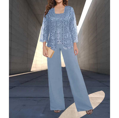 Mother of The Bride Pant Suits Square Neck lace Chiffon 3-Piece Wedding Guest Outfit