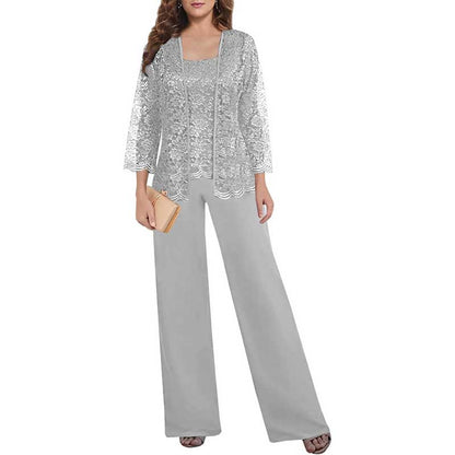 Mother of The Bride Pant Suits Square Neck lace Chiffon 3-Piece Wedding Guest Outfit