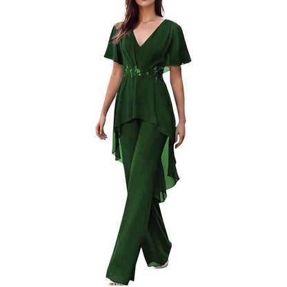 2 Pcs Mother of The Bride Pantsuits for Wedding Chiffon V Neck Formal Outfits with Sleeves