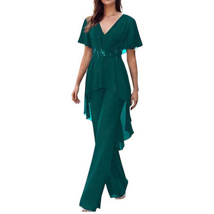2 Pcs Mother of The Bride Pantsuits for Wedding Chiffon V Neck Formal Outfits with Sleeves