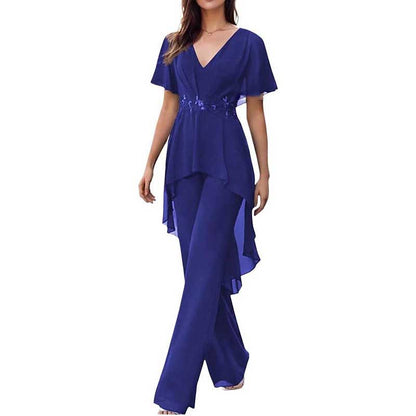 2 Pcs Mother of The Bride Pantsuits for Wedding Chiffon V Neck Formal Outfits with Sleeves