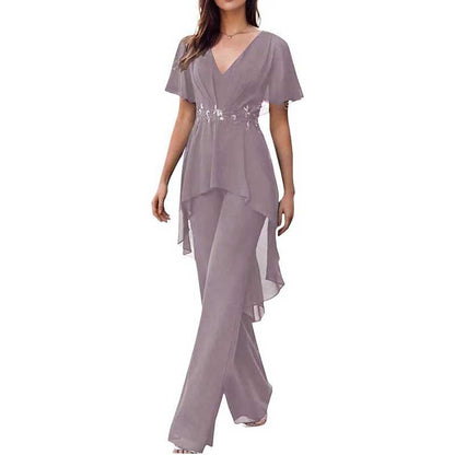 2 Pcs Mother of The Bride Pantsuits for Wedding Chiffon V Neck Formal Outfits with Sleeves
