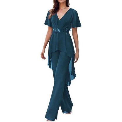2 Pcs Mother of The Bride Pantsuits for Wedding Chiffon V Neck Formal Outfits with Sleeves
