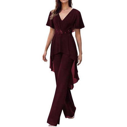 2 Pcs Mother of The Bride Pantsuits for Wedding Chiffon V Neck Formal Outfits with Sleeves