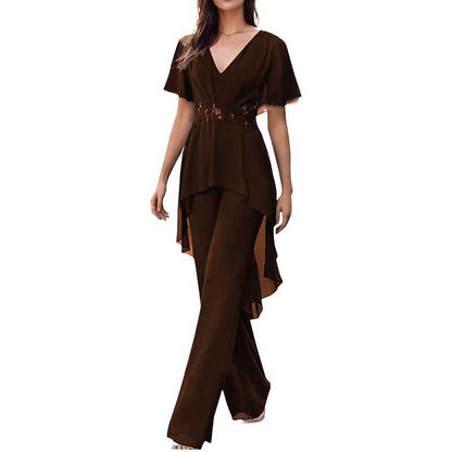 2 Pcs Mother of The Bride Pantsuits for Wedding Chiffon V Neck Formal Outfits with Sleeves