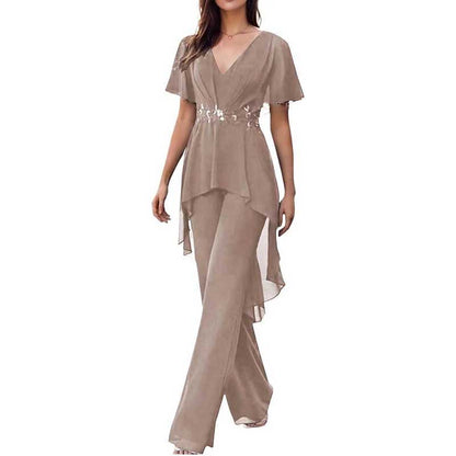 2 Pcs Mother of The Bride Pantsuits for Wedding Chiffon V Neck Formal Outfits with Sleeves
