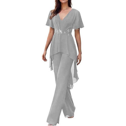 2 Pcs Mother of The Bride Pantsuits for Wedding Chiffon V Neck Formal Outfits with Sleeves
