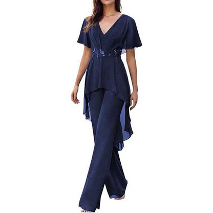 2 Pcs Mother of The Bride Pantsuits for Wedding Chiffon V Neck Formal Outfits with Sleeves