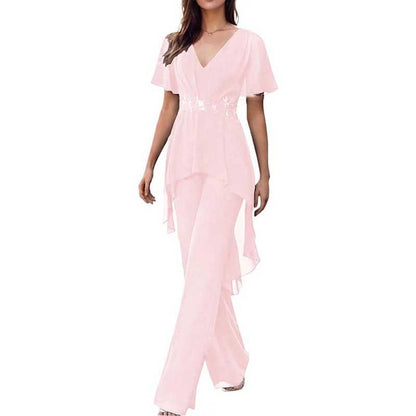 2 Pcs Mother of The Bride Pantsuits for Wedding Chiffon V Neck Formal Outfits with Sleeves
