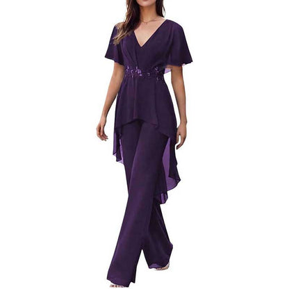 2 Pcs Mother of The Bride Pantsuits for Wedding Chiffon V Neck Formal Outfits with Sleeves
