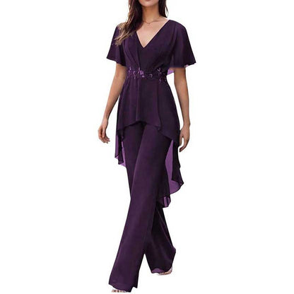 2 Pcs Mother of The Bride Pantsuits for Wedding Chiffon V Neck Formal Outfits with Sleeves
