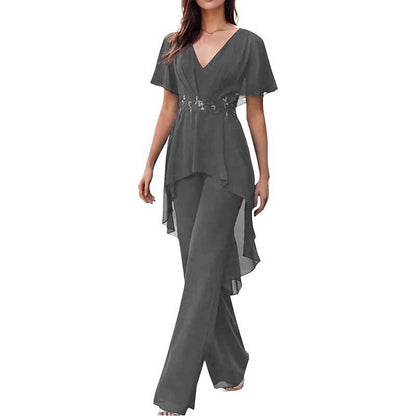 2 Pcs Mother of The Bride Pantsuits for Wedding Chiffon V Neck Formal Outfits with Sleeves