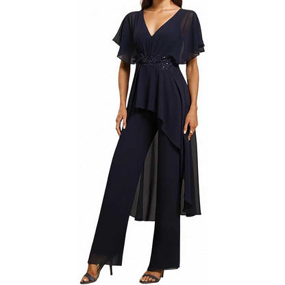 2 Pcs Mother of The Bride Pantsuits for Wedding Chiffon V Neck Formal Outfits with Sleeves