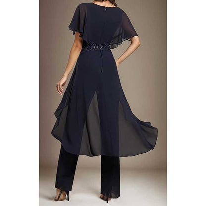2 Pcs Mother of The Bride Pantsuits for Wedding Chiffon V Neck Formal Outfits with Sleeves