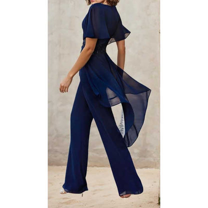 2 Pcs Mother of The Bride Pantsuits for Wedding Chiffon V Neck Formal Outfits with Sleeves
