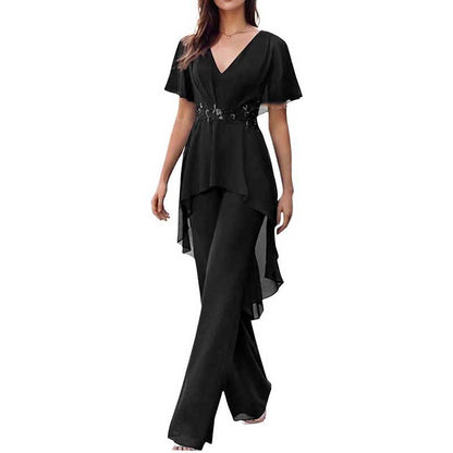 2 Pcs Mother of The Bride Pantsuits for Wedding Chiffon V Neck Formal Outfits with Sleeves