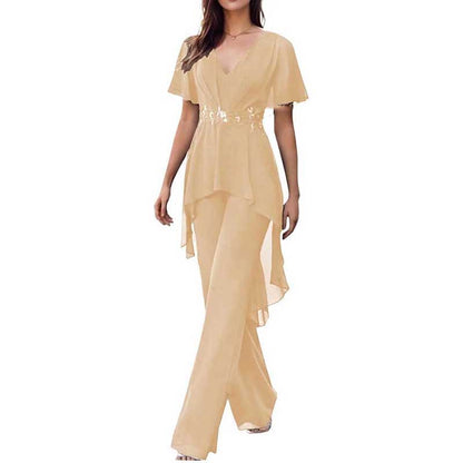2 Pcs Mother of The Bride Pantsuits for Wedding Chiffon V Neck Formal Outfits with Sleeves