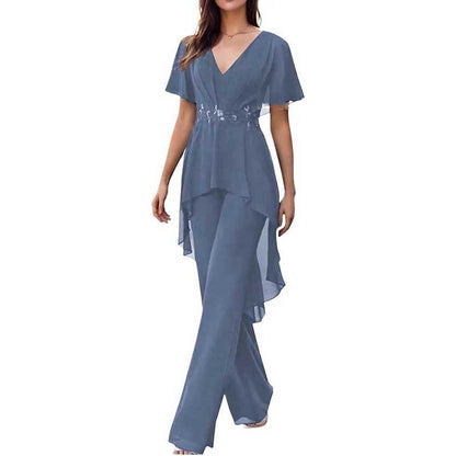 2 Pcs Mother of The Bride Pantsuits for Wedding Chiffon V Neck Formal Outfits with Sleeves