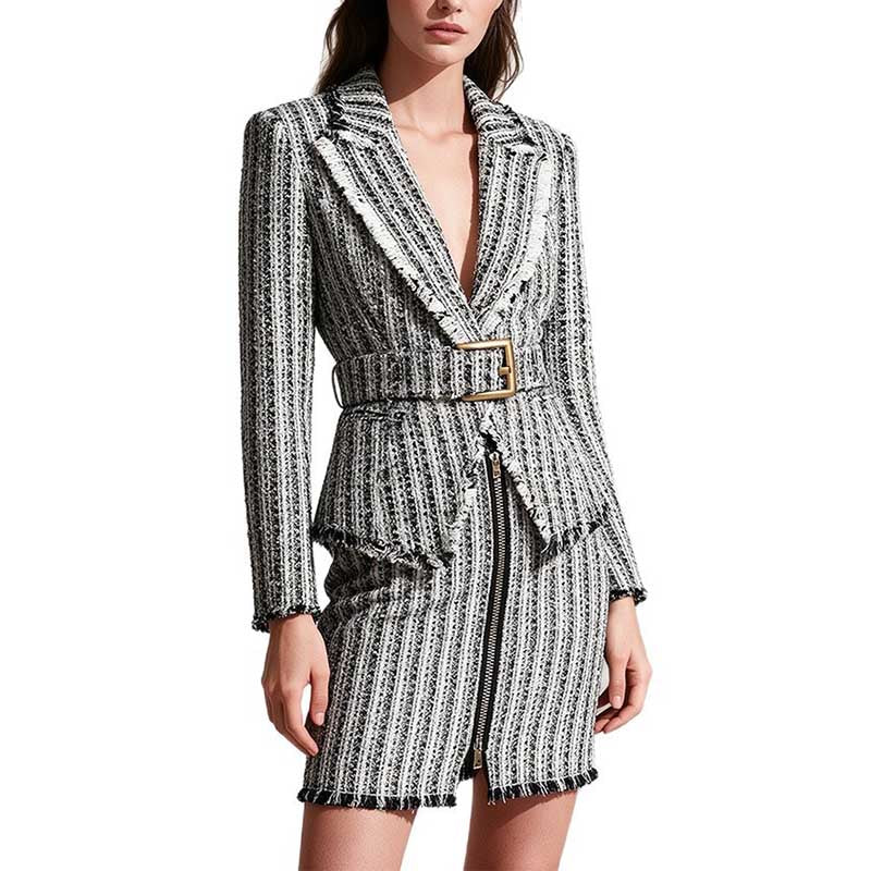 Multi Color Tweed Blazer Set Belted Lapel Zip-Up Skirt Suit