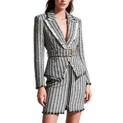 Multi Color Tweed Blazer Set Belted Lapel Zip-Up Skirt Suit