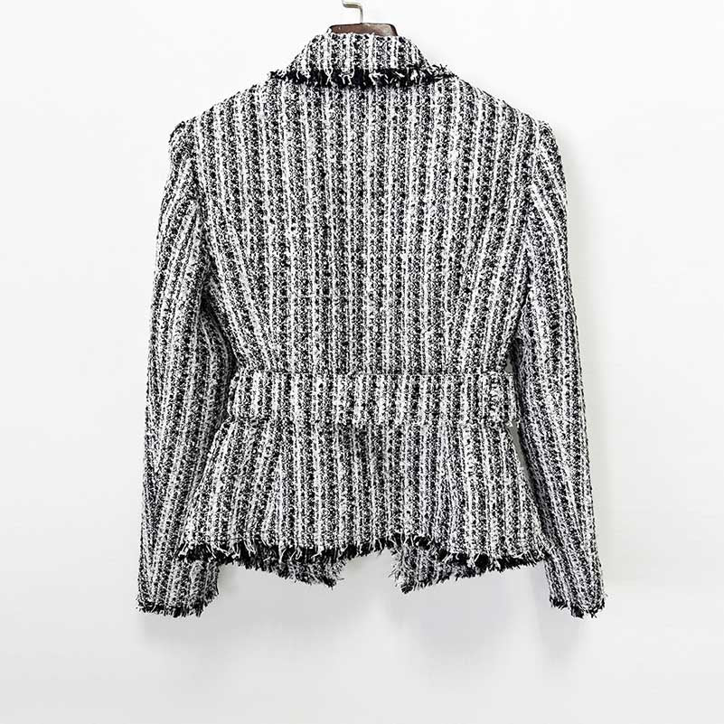 Multi Color Tweed Blazer Set Belted Lapel Zip-Up Skirt Suit